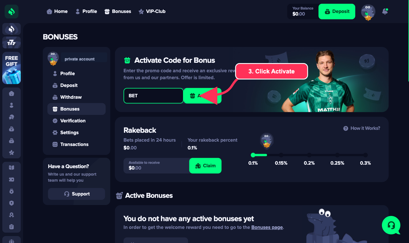 Zelowin Bonuses page showing BET in the code field and the Activate control marked