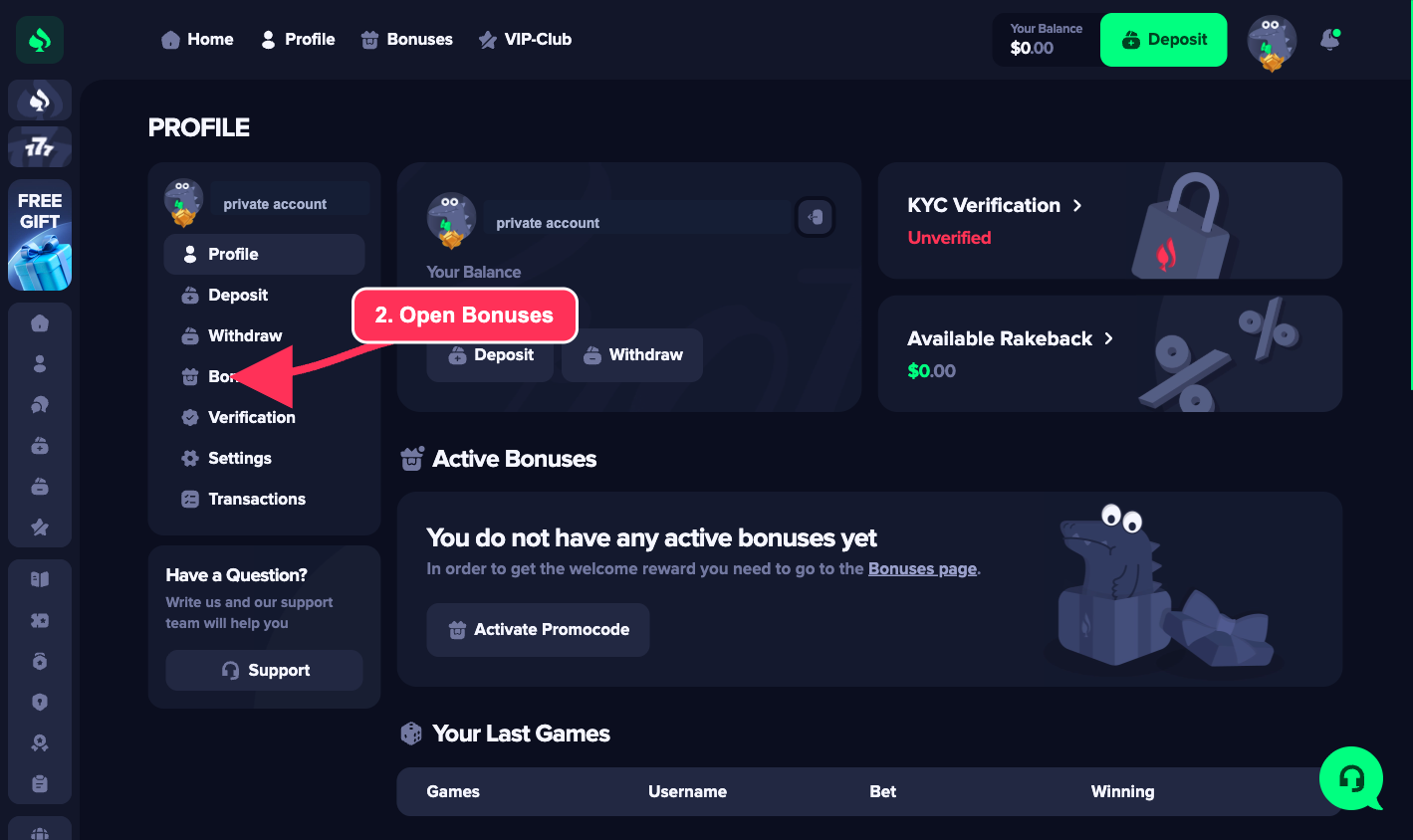 Zelowin Profile page with the Bonuses control marked and account details covered