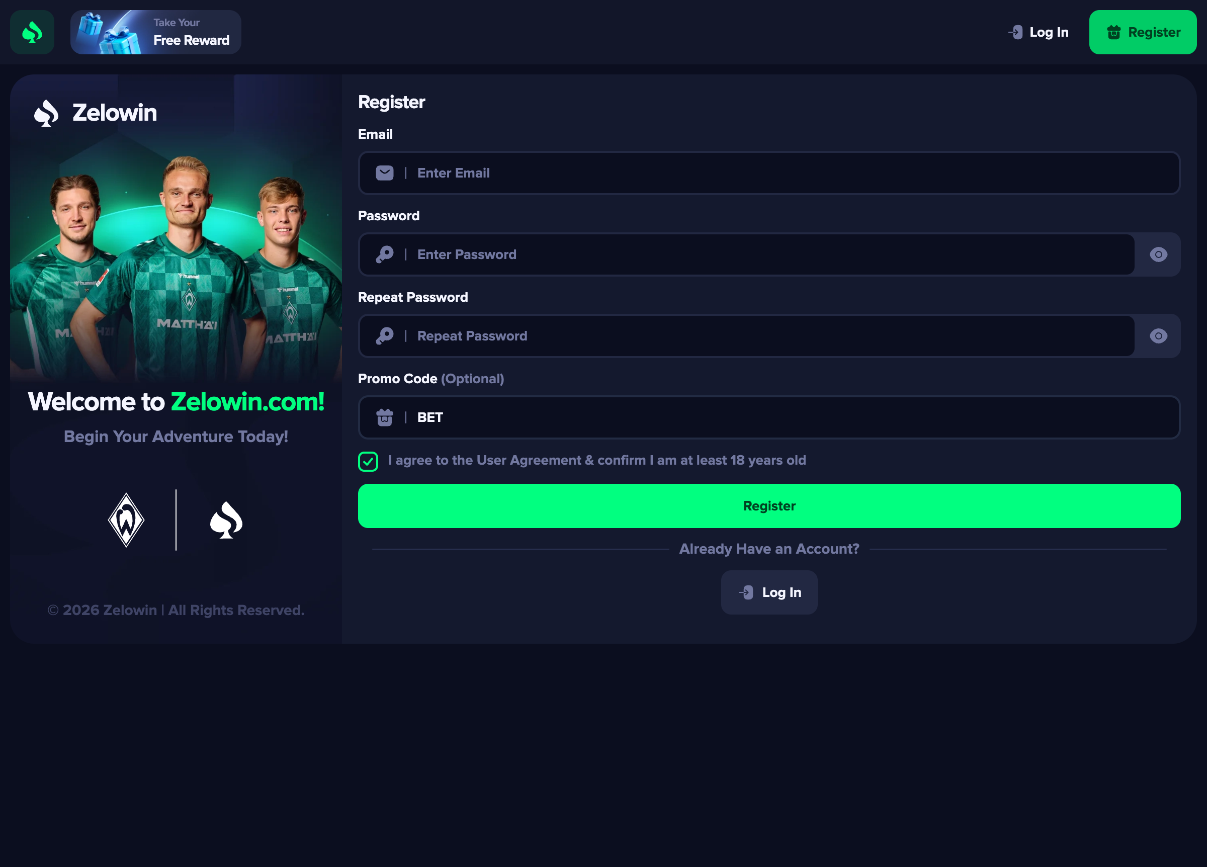 Zelowin registration form with BET entered in the optional promo-code field