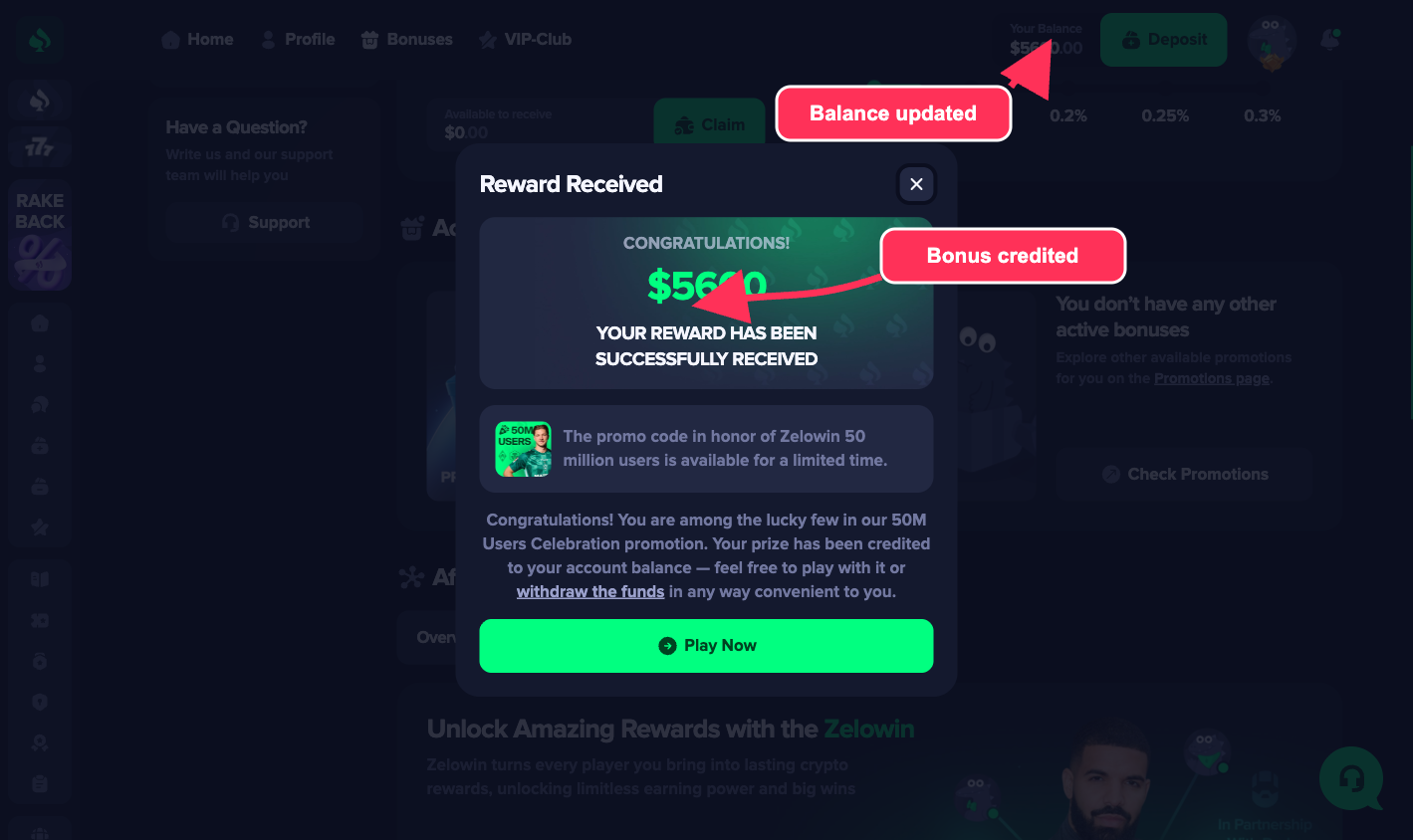 Zelowin Reward Received popup showing $5600 and a displayed $5600.00 account balance